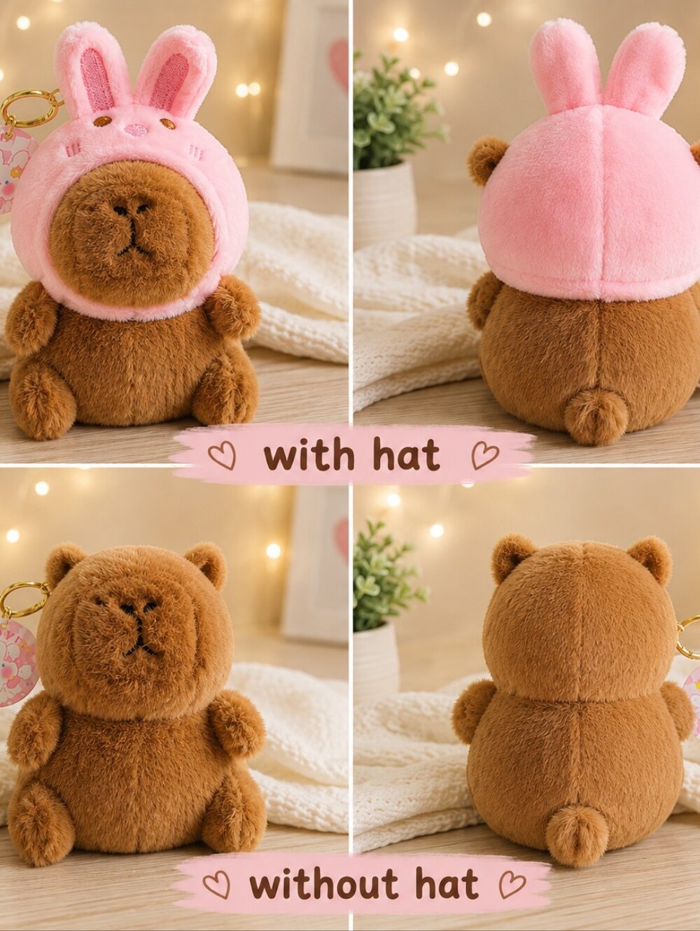 Plush Brown Capybara Keychain with Pink Bunny Hat